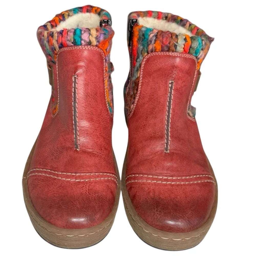 Rieker Felicitas Wine Red Wool Lined Ankle Boots Multicolor Knit EU 41